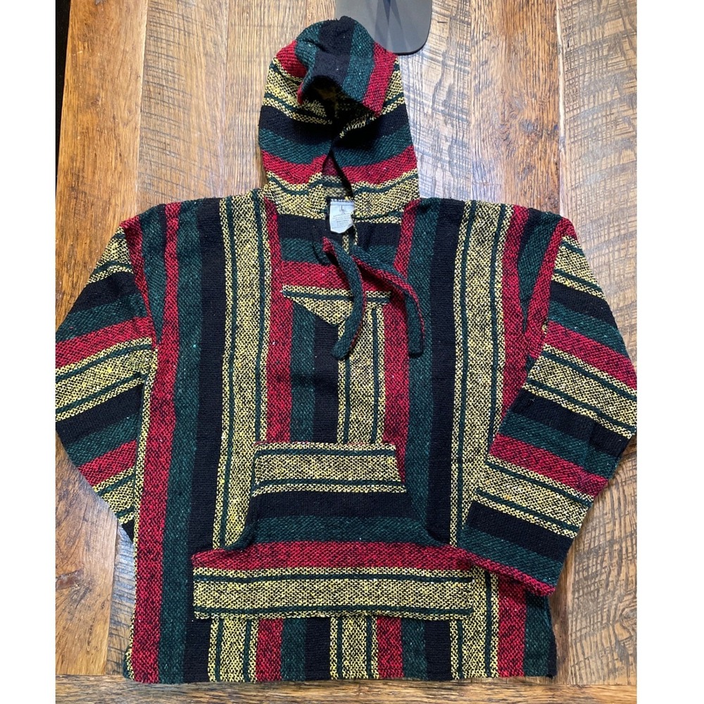 Artisans Bazaar Hoodie Striped Poncho Pullover‎ Mexican Baja Black Large Mens